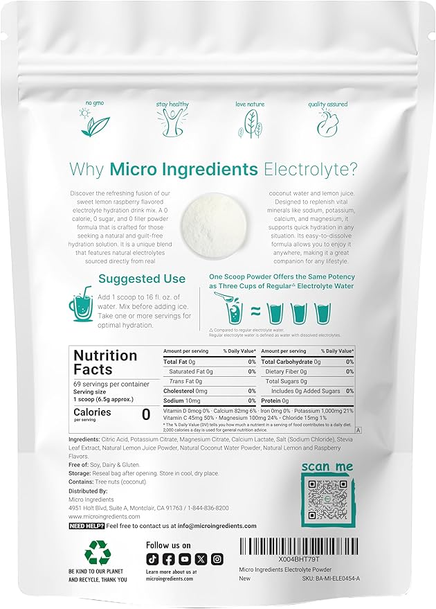 Micro Ingredients Hydration Electrolyte Powder, 1 lb (69 Servings) | Lemon Raspberry Flavor | High Potassium (1,000mg) + Coconut Water & Real Lemon Juice | No Sugar, Keto Friendly | Non-GMO