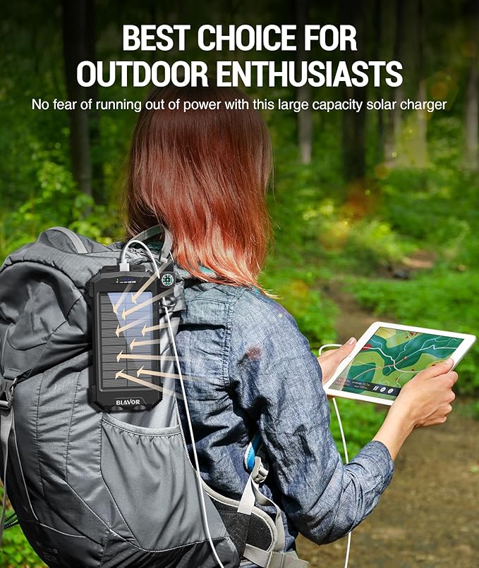 BLAVOR Solar Power Bank 10,000mAh, Portable Wireless Charger, 20W Fast Charging External Battery Pack with USB C for Cell Phones, Solar Panel Charging with Dual Flashlight for Camping