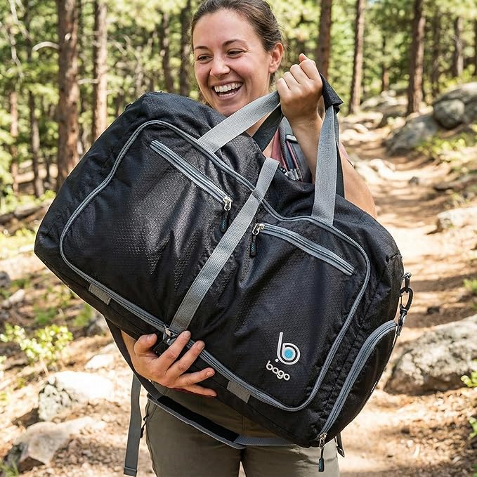 Bago Foldable Duffel Bags for Traveling Women & Men - 60L Medium Packable Duffle Bag for Travel with Shoe Compartment - Water Repellant, Heavy Duty, Lightweight Folding & Collapsible (Black)