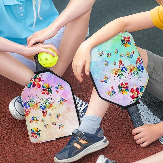 AUUXVA Watercolor Butterfly Pickleballs Paddle Cover, 2 Pcs Pickleball Case for Women, Compatible with Most Standard and Elongated Pickball Paddles, Ideal Present (Rackets and Balls are Not Included)
