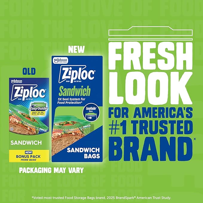 Ziploc Sandwich and Snack Bags with EasyGuide Texture, Plastic Storage Bags with Grip 'n Seal Technology, 50 Bags Total
