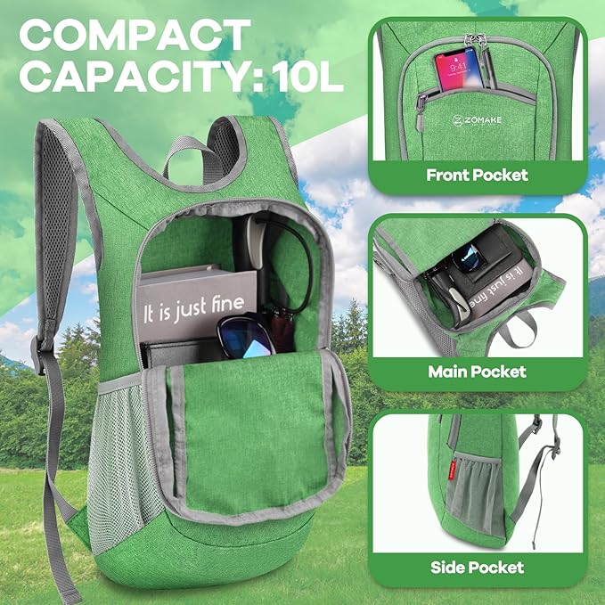 ZOMAKE Ultra Lightweight Packable Backpack 10L,Small Foldable Backpacks Hiking Water Resistant Collapsible Daypack for Women Men(Dark Green)