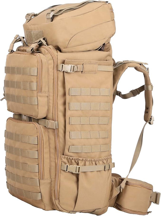 Zsearaymy 75L Hiking MOLLE Backpack with Internal Frame & Rain Cover for Tactical, Camping, Backpacking, Survival Travel (TAN)