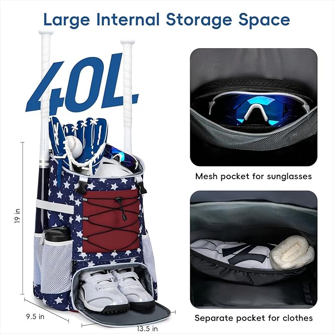 Baseball Bag for Youth and Adult, Softball Backpack 40L Large Capacity, Bat Backpack with Shoes Compartment and Hidden Helmet Holder
