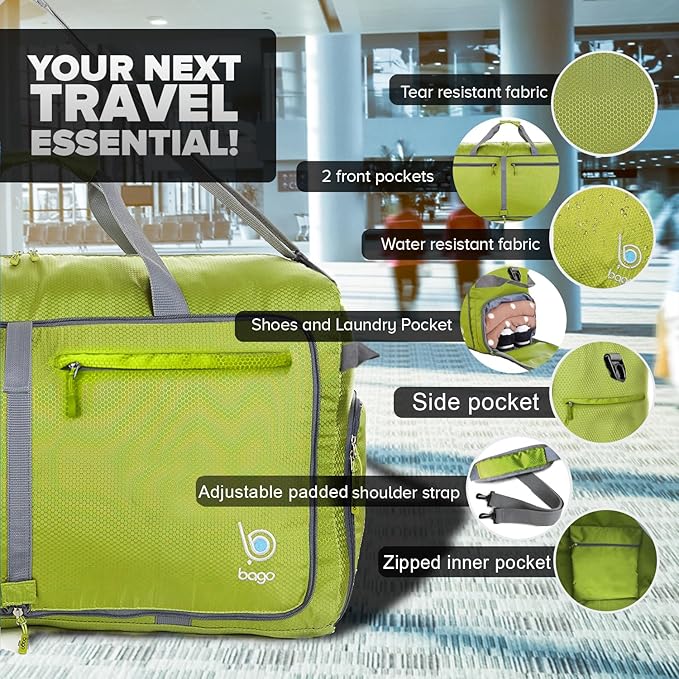 Bago Large Foldable Duffel Bags for Traveling Women & Men - 120L Packable Duffle Bag for Travel with Shoe Compartment - Water Repellant, Heavy Duty, Lightweight Folding & Collapsible (Green)