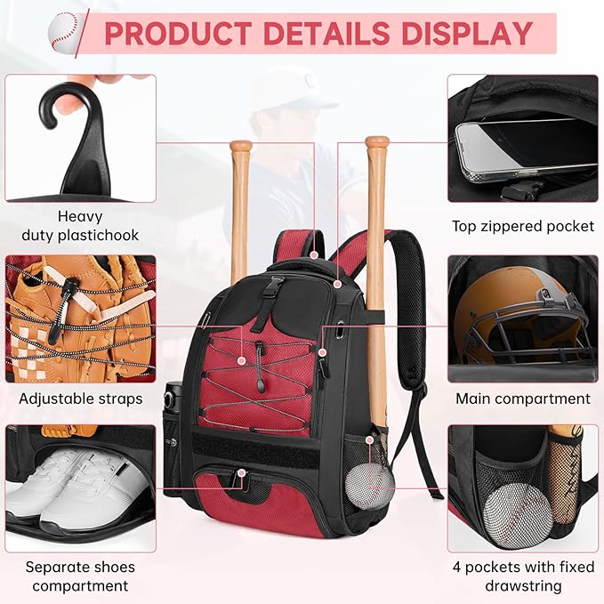 ANILD 30L Youth Baseball Backpack, Bat Backpack for Baseball with Separate Shoes Compartment, Baseball Equipment Bag with Fence Hook, Suitable for Baseball, T-Ball, Softball and More