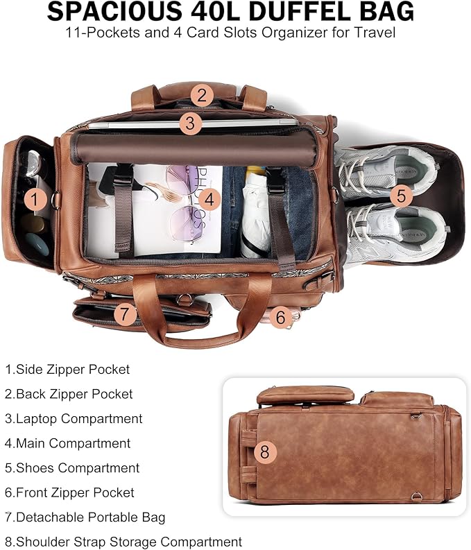 FADEON Duffle Bag for Women, Large Convertible Carry on Overnight Backpack, Designer Leather Mens Weekend Bags for Travel