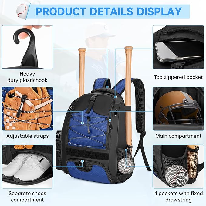 ANILD 30L Youth Baseball Backpack, Bat Backpack for Baseball with Separate Shoes Compartment, Baseball Equipment Bag with Fence Hook, Suitable for Baseball, T-Ball, Softball and More