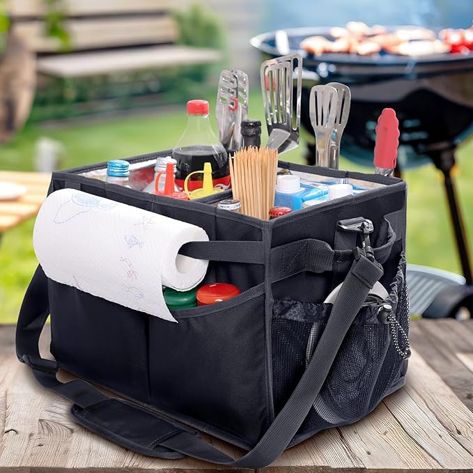 Large Grill Caddy with Paper Towel Holder – Collapsible BBQ Organizer for Camping, Tailgating, RV, Boating – Grilling Gifts for Men – Griddle Tote Bag with Shoulder Strap – Outdoor Essentials