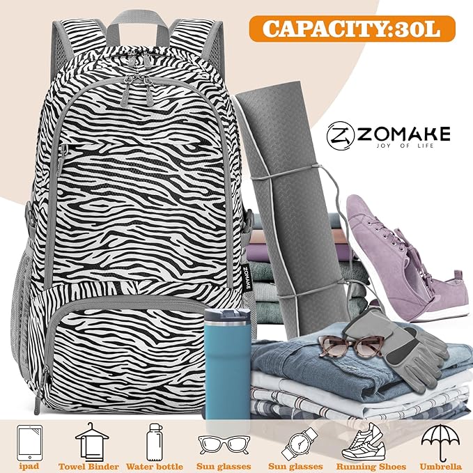 ZOMAKE Lightweight Packable Backpack 30L, Foldable Hiking Backpacks Water Resistant Compact Folding Daypack for Travel(Zebra print)