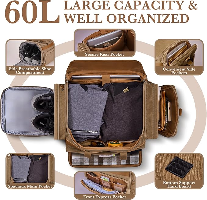 SHOWKOO Duffle Bag for Travel 60L Expandable Canvas Travel Bag Durable Vintage Weekender Overnight Carry On Bag for Men(Coffee)