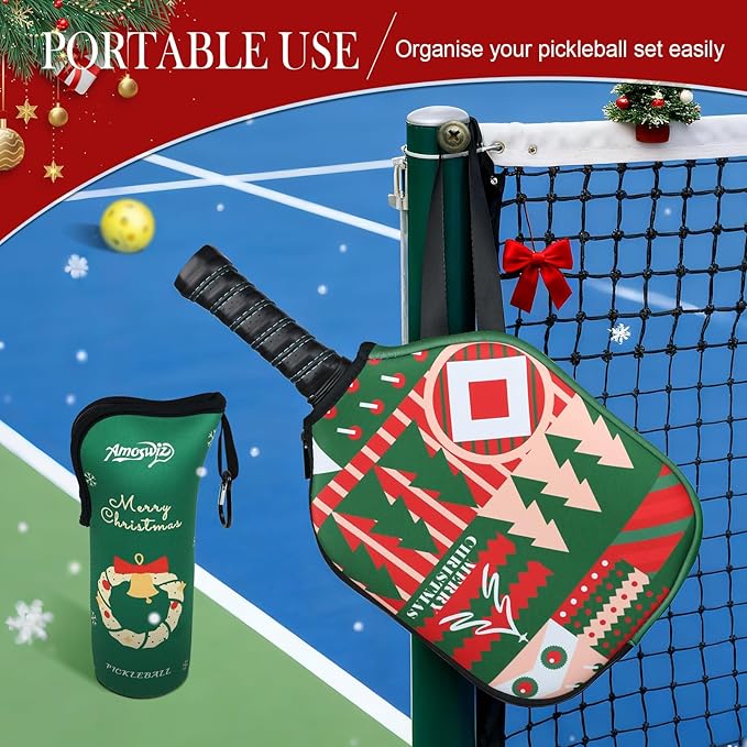 Pickleball Ball Holder - 1 Pc Pickle Ball Storage Bag, Portable Tennis Pouch with Hook for Fence, Premium Neoprene Material Bottle Holder, Pickleball Accessory Black Red Green Yellow Color