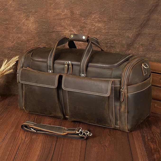 Polare 26" Full Grain Cowhide Leather Large Duffle Weekender Overnight Travel Duffel Bag For Men 62L