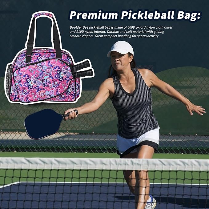 Boulder Bee Pickleball Bags, Premium Pickleball Tote Bag for Girls, Women’s Hand/Shoulder Gym Bag w Water Bottle Holder, with Pickleball Racquet/Paddle Holder