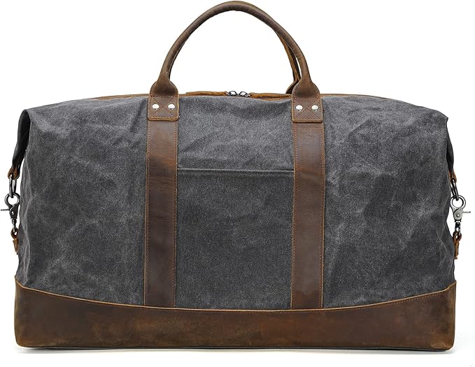 Polare 23” Waterproof Travel Duffel Bag Waxed Canvas Cowhide Leather Trim Luggage for Gym 55L Weekender Overnight Carry on Bag (Grey-23")