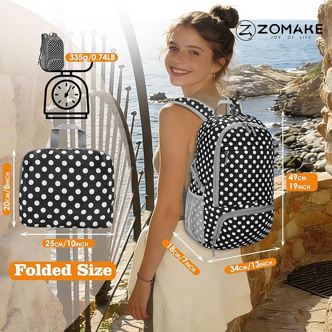 ZOMAKE Lightweight Packable Backpack 30L, Foldable Hiking Backpacks Water Resistant Compact Folding Daypack for Travel(Black，White polka dots)