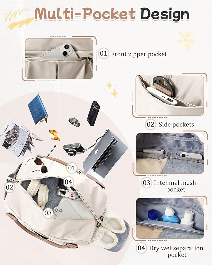Small Gym Bag with Shoe Compartment, Workout Sport Duffle Bag for Women Travel,Waterproof Shoulder Overnight Bag Lightweight Carry on Tote Bag for Swim, Yoga, Dance, Beige