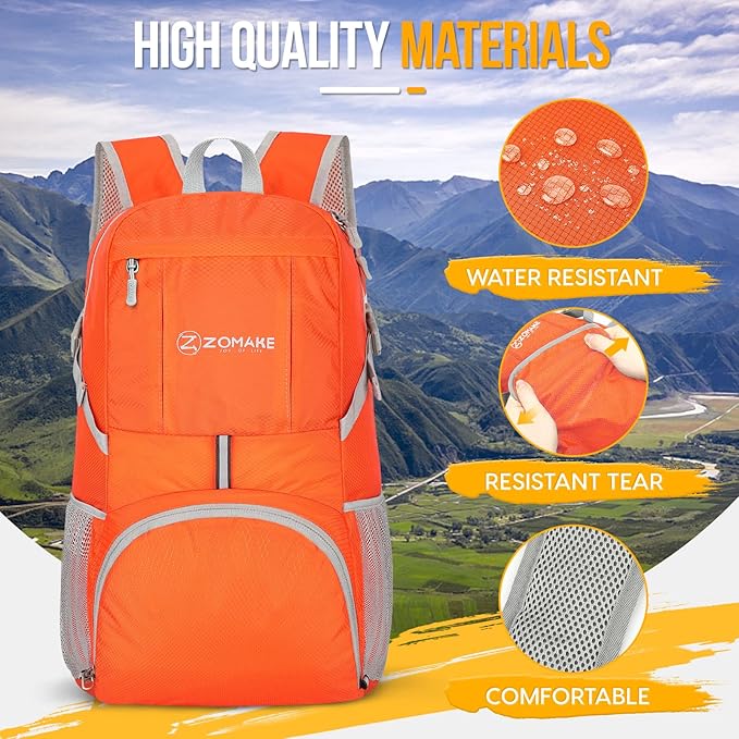 ZOMAKE Lightweight Packable Backpack 35L, Light Foldable Backpacks Water Resistant Collapsible Hiking Bag, Compact Folding Day Pack for Travel Camping(Orange) | Lightweight, Light, Foldable, Backpacks, Water Resistant, Collapsible