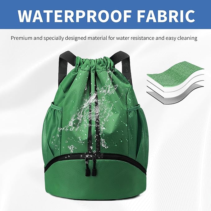 Drawstring Backpack Gym Bag with Shoes Compartment for Soccer, Basketball, Swim, Water-Resistant String Backpack Beach Cinch for Women Men, Dark Green, Medium