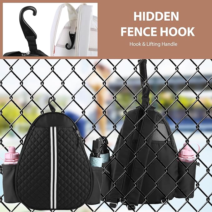 Tennis Racket Bag, Tennis Bags for Women, Quilted Sling Crossbody Backpack with Hook, Water Resistant Tennis Racket Cover for Pickleball, Racketball
