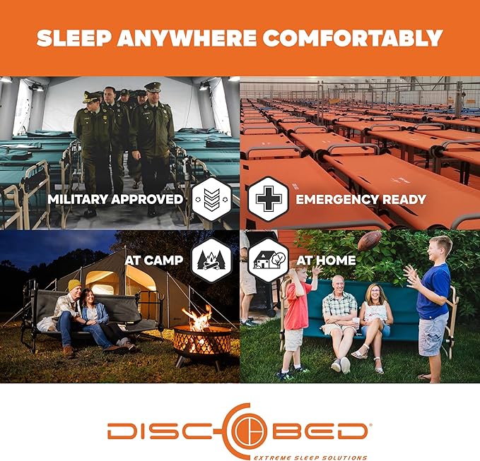 Disc-O-Bed Large Outdoor Convertible 2 Person Bench and Double Camping Cot Portable Bed Bunk System for Adults, Navy