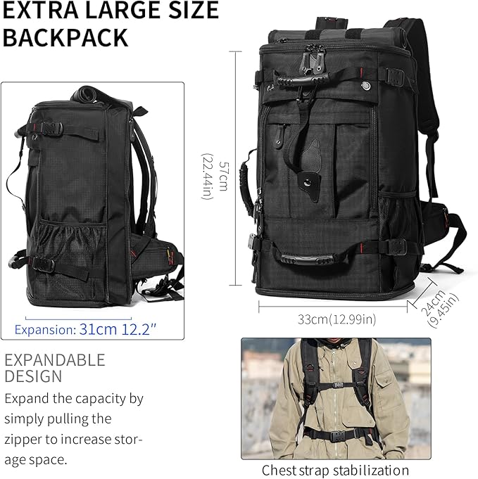 YOUMIAN Large Capacity For Travel Hiking Sports Carry On Backpack Durable Convertible Duffle Bag Laptop airplane (Black, 60L-Large DualMainOpening)