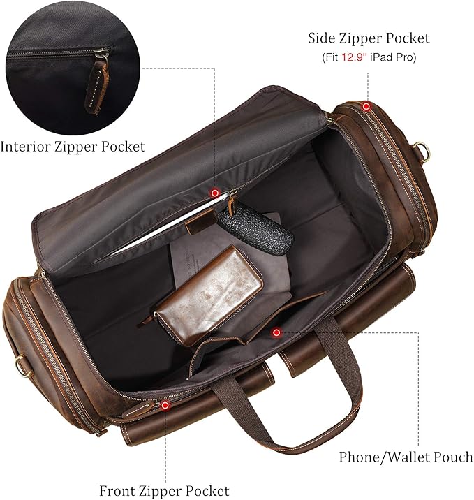 Polare 26" Full Grain Cowhide Leather Large Duffle Weekender Overnight Travel Duffel Bag For Men 62L