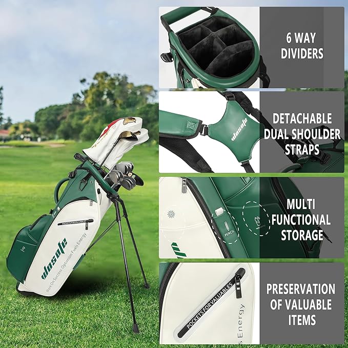 WOSOFE PU Golf Bag with 6/14 Way Top Dividers Automatically Adjustable Dual Straps Elegant Design for Men Women Pu Golf Stand Bag with Multiple Pockets