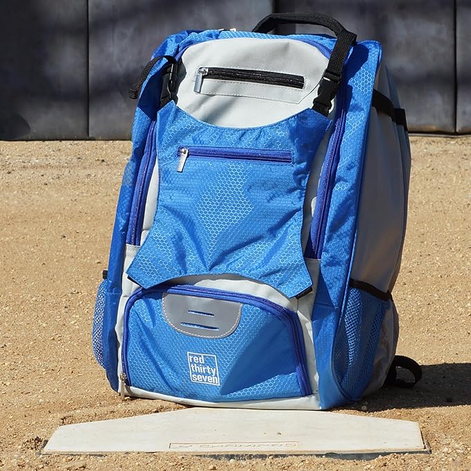 Baseball Backpack with Cleat/Shoe Pocket | Large Capacity | 19.5" T x 14" W x 7.5" D | Holds 4 Bats | External Helmet Storage | 3 Extra Zipper Pockets for Sunglasses, Seeds, Cell Phone (Blue/Gray)