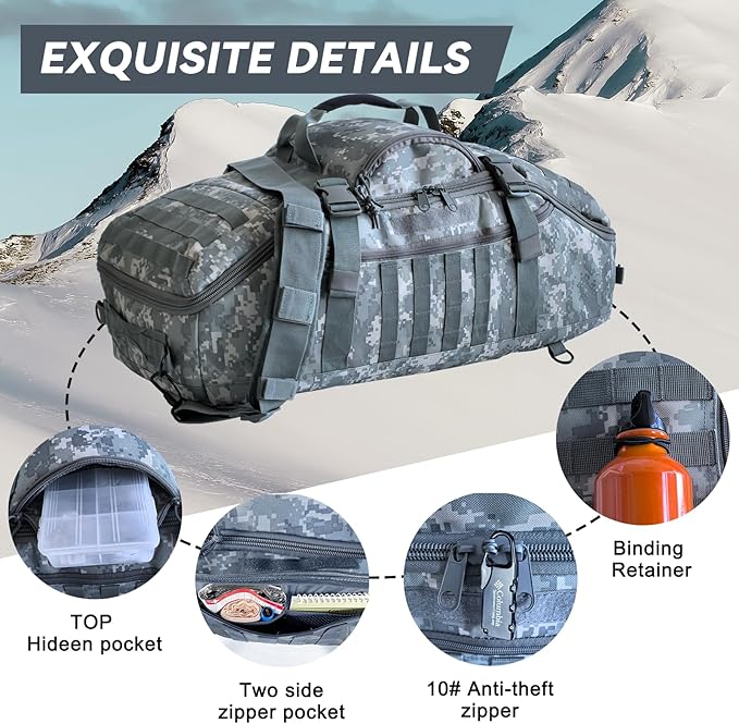 65L Large Duffle Bag, 3-in-1 Tactical Backpack MOLLE Pack for Sports, Gym, Outdoor, ACU