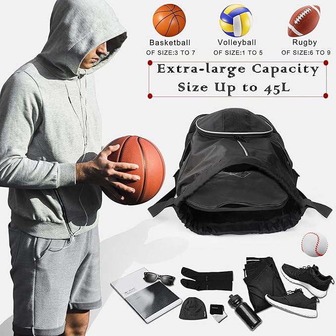 Basketball Backpack, 45 L Drawstring Sports Bag with Large Shoe Compartment and Wet Pockets for Women Men Gym Bag