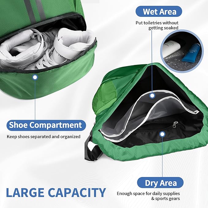 Drawstring Backpack Gym Bag with Shoes Compartment for Soccer, Basketball, Swim, Water-Resistant String Backpack Beach Cinch for Women Men, Dark Green, Medium