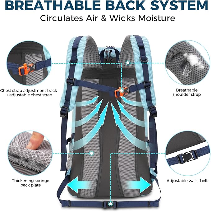 Bseash 45L Waterproof Hiking Camping Backpack with Rain Cover, Outdoor Sport Travel Bag Daypack for Climbing Skiing Cycling (Blue)