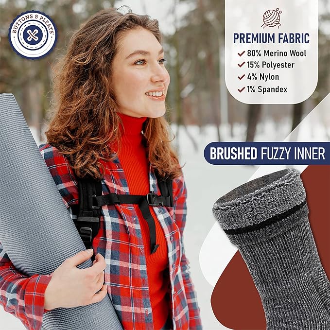 Buttons & Pleats Wool Socks for Men & Women Merino Thermal Warm Cozy Winter Boot Sock