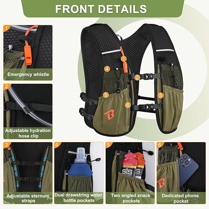 BECOJADDE Running Vest Hydration Backpack for Men Women, 5L Lightweight Running Backpack Hydration Pack for Marathon, Trail, Cycling, Hiking, Jogging