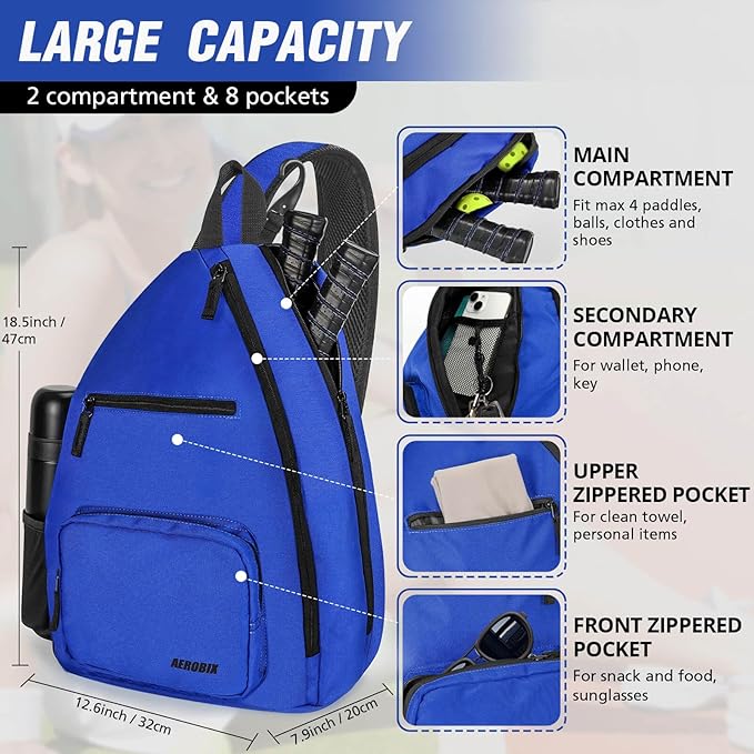 AEROBIX Pickleball Bag for Women & Men, Pickle Ball Backpack - Upgraded Zippers, Large Capacity, Padded Paddle Pocket, Adjustable Sling Bag (No Accessories)