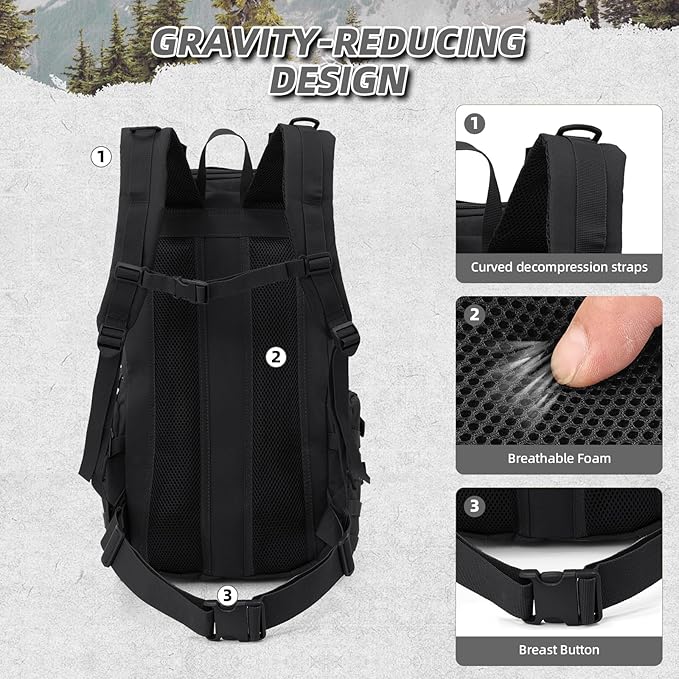 AUMENTAR 35L Military Tactical Backpack for Men, Water Resistant Assault Pack for Women, Black Molle Daypack 3 Day Bug Out Bag Rucksack for Trekking,Camping, Survival, EDC