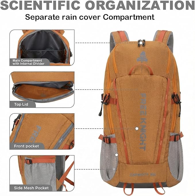 Bseash 45L Waterproof Hiking Camping Backpack with Rain Cover, Outdoor Sport Travel Bag Daypack for Climbing Skiing Cycling (Orange)