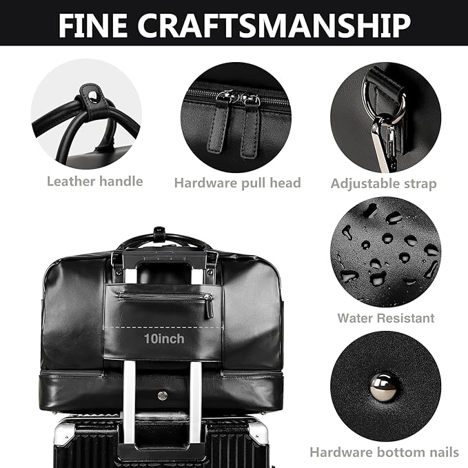 Weekender Bag for Women Men, Large Overnight Bag Faux Leather Travel Duffel Bag with Shoe Compartment Toiletry Packing Cube Carry On Bag Fit 21" Laptop 3Pcs Set (4PCS Black)