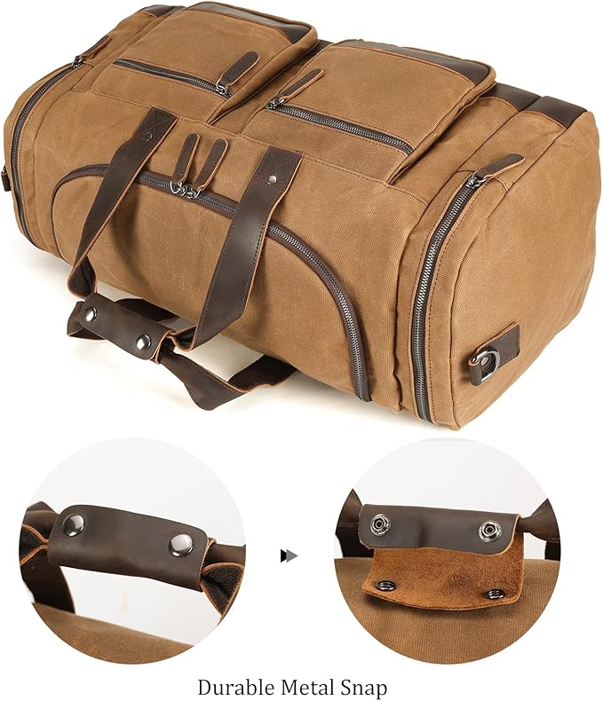 Polare 23” Waxed Canvas Cowhide Leather Waterproof Travel Duffel Bag Trim Luggage Weekender Overnight Carry on Hand Bag