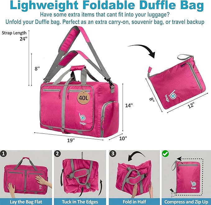 Bago Foldable Duffel Bags for Traveling Women & Men - 40L Sports Packable Duffle Bag for Travel with Shoe Compartment - Water Repellant, Heavy Duty, Lightweight Folding & Collapsible (Pink)