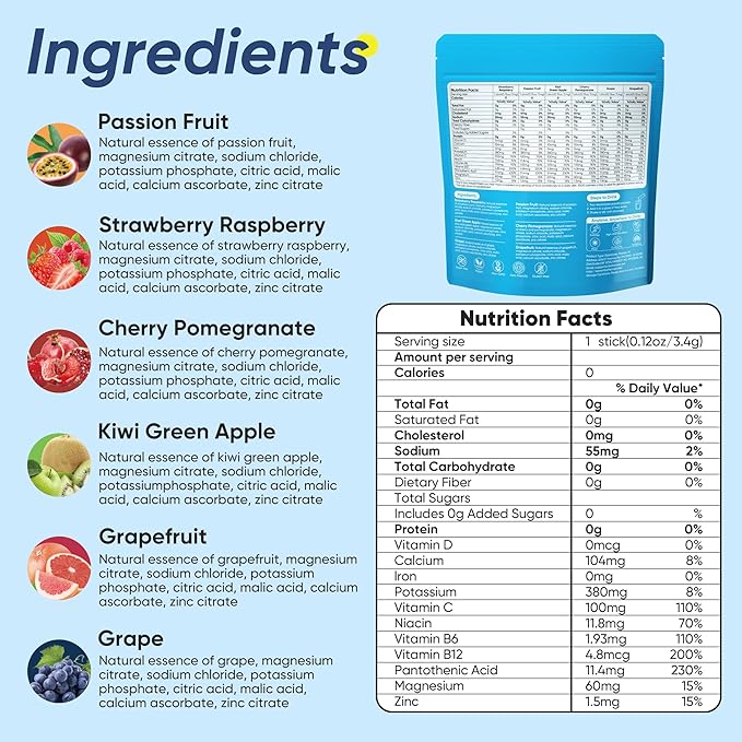 12 Sticks Electrolytes Powder Packets No Sugar Hydration Packets Electrolyte Liquid Daily IV Drink Mix with Strawberry Raspberry, Passion Fruit, Kiwi Green Apple, Cherry Pomegranate, Grape, Grapefruit