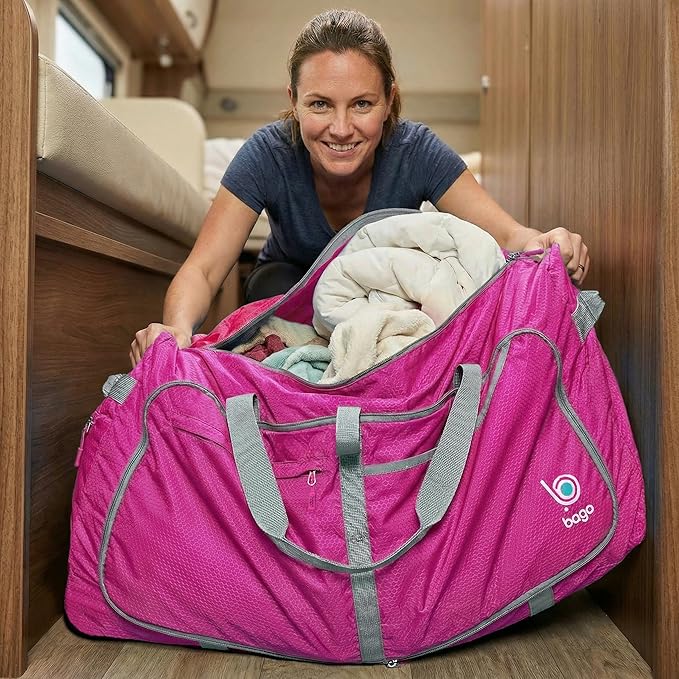 Bago Large Foldable Duffel Bags for Traveling Women & Men - 100L Packable Duffle Bag for Travel with Shoe Compartment - Water Repellant, Heavy Duty, Lightweight Folding & Collapsible (Pink)