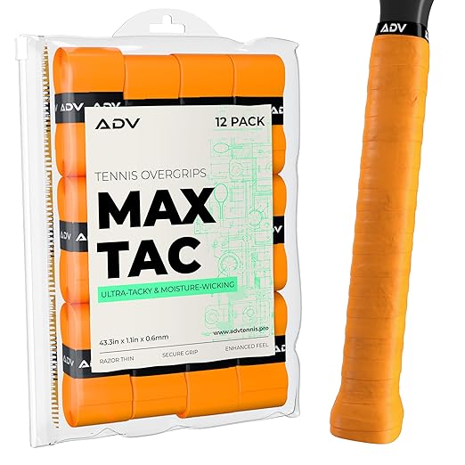 ADV MaxTac Tacky Tennis Overgrip - 12 Pack Extremely Sticky Non-Slip Tennis Grips Overgrip - Razor-Thin & Easy to Use Pro Tennis Racquet Grip Tape (12-Pack Orange)
