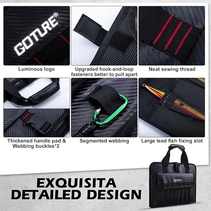 Goture Fishing Jig Bag,34 Mesh Pockets Portable Water-Resistant 600D PU Fishinig Lure Bag Saltwater Freshwater,Detachable Compartment, Suitable For Vertical Jig Slow Pitch Jigging Bait Tackle Storage