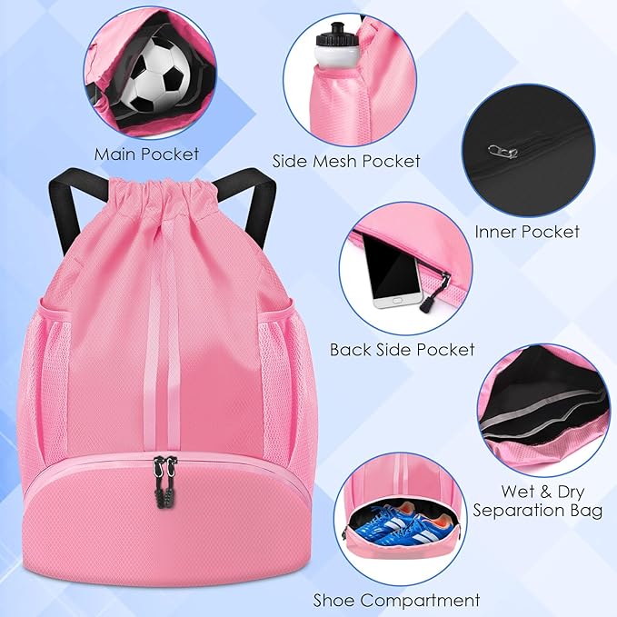 BROTOU Soccer Bags, Football Backpack, Volleyball Bag, Drawstring Backpack with Ball and Shoe Compartment, Football bags for Equipment Swim Gym Bag