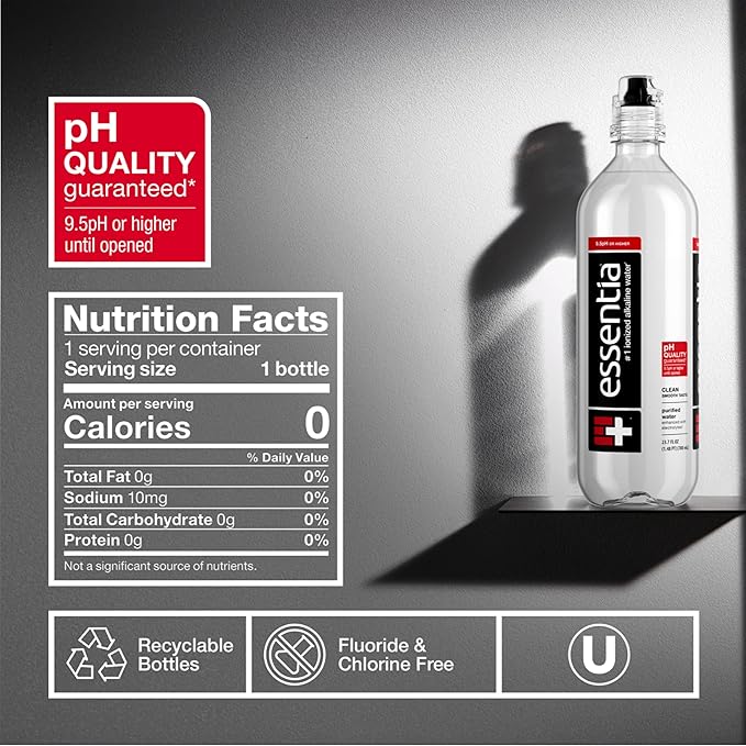 Essentia Water LLC, Ionized Alkaline Bottled Water; 99.9% Pure, Infused with Electrolytes, 9.5 pH or Higher with a Clean, Smooth Taste, 23.67 Fl Oz (Pack of 24)