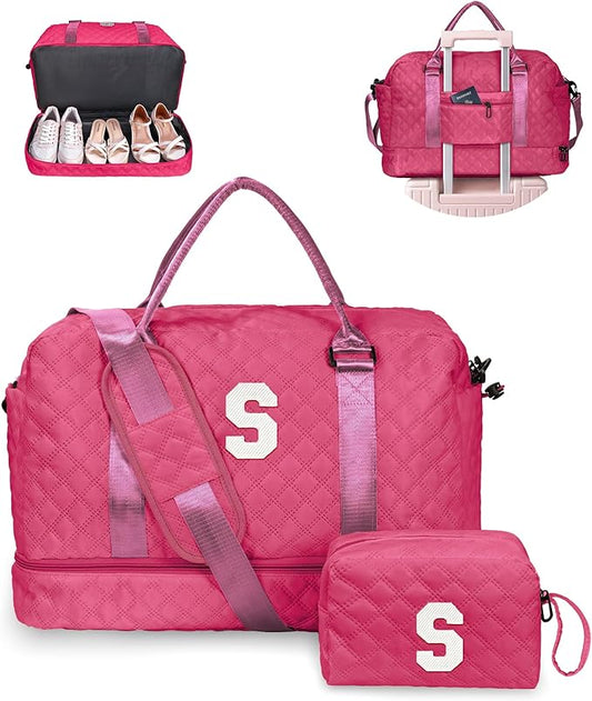 Womens Gifts for Birthday-Initial Travel Bag with Shoe Compartment, Personalized Weekender Bag, Monogram Overnight Bag for Women, Letter Travel Bag with Makeup Bag Ladies Gifts (Letter S)