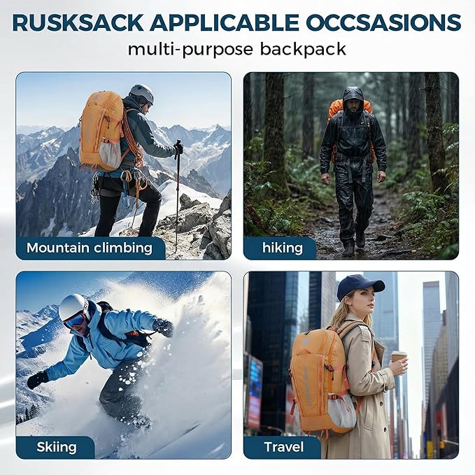 Bseash 45L Waterproof Hiking Camping Backpack with Rain Cover, Outdoor Sport Travel Bag Daypack for Climbing Skiing Cycling (Orange)