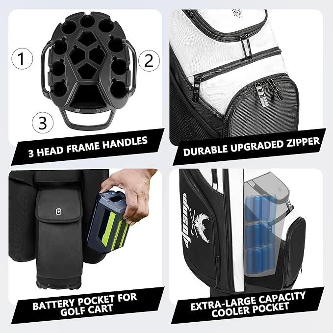 14 Way Full-Length Divider Top Men Golf Cart Bag, Fixed Slots Clubs Organized Premium Oxford Cloth Women 13 Pockets Black Blue Green Golf Bag with 3 Handles Cooler Rain Cover